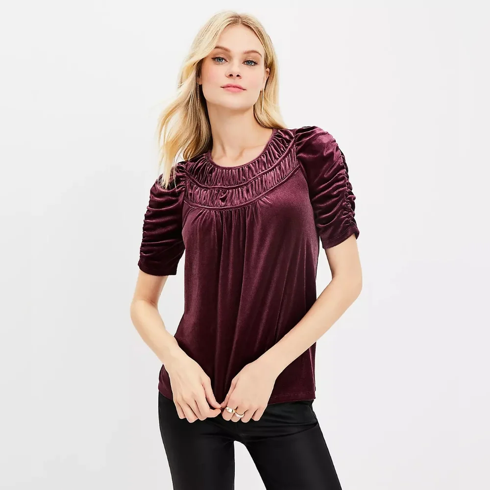 LOFT | Ruched Velvet Top Crushed Blackberry